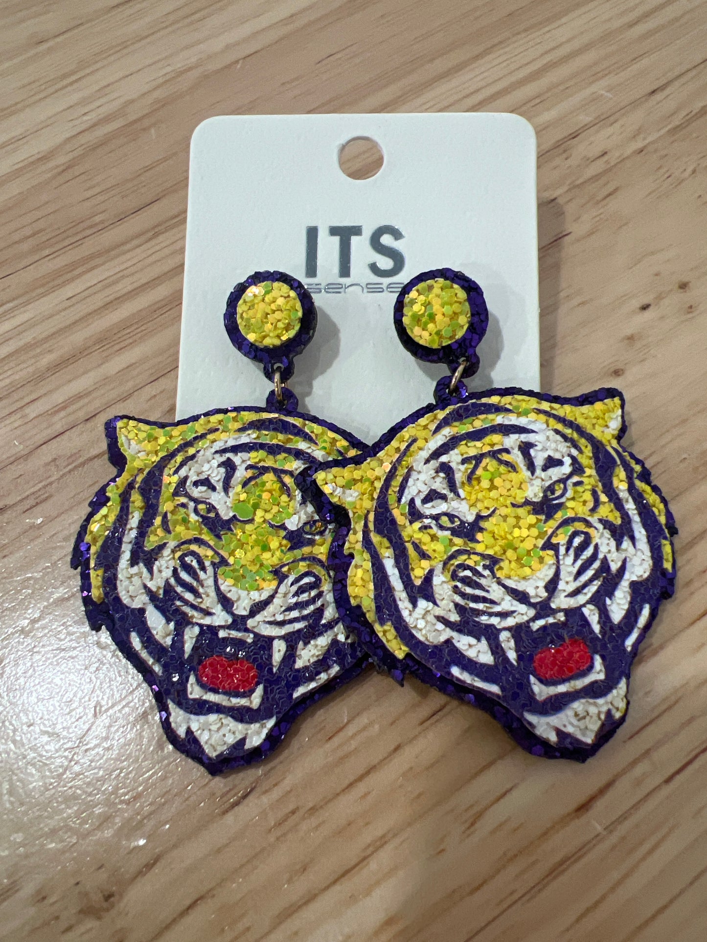 Tiger head 2” earring yellow and purple glitter