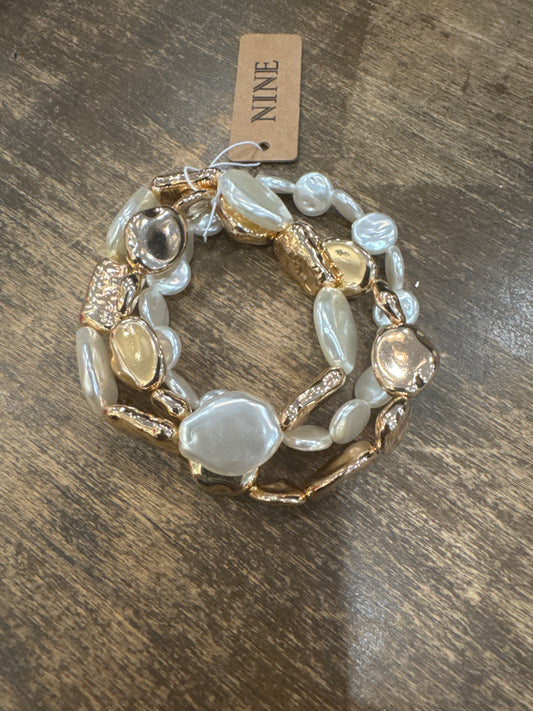 Gold and Pearl Stretch Bracelet Set of 3