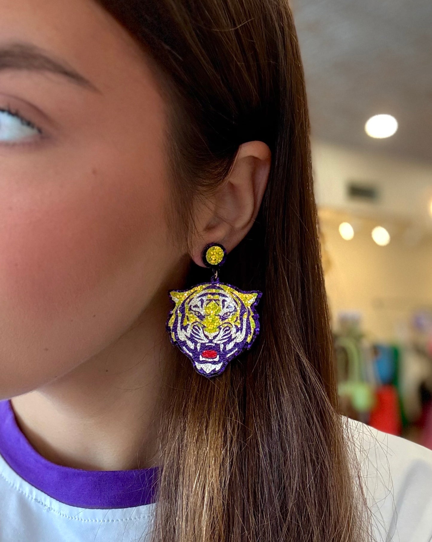 Tiger head 2” earring yellow and purple glitter