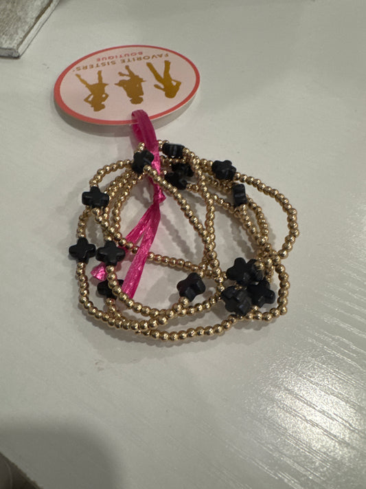 Stretch Bangle Set Black Gold Cross