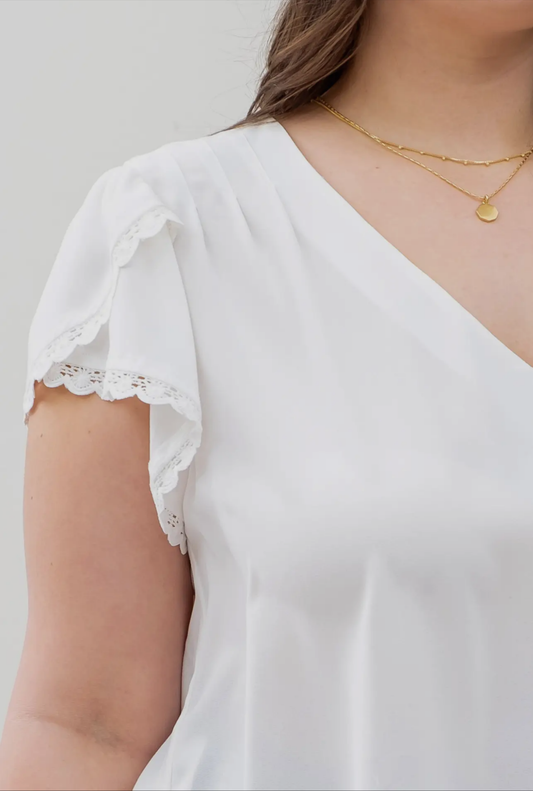 Plus V Neck Scallop Lace Trim Tulip Sleeve Blouse White