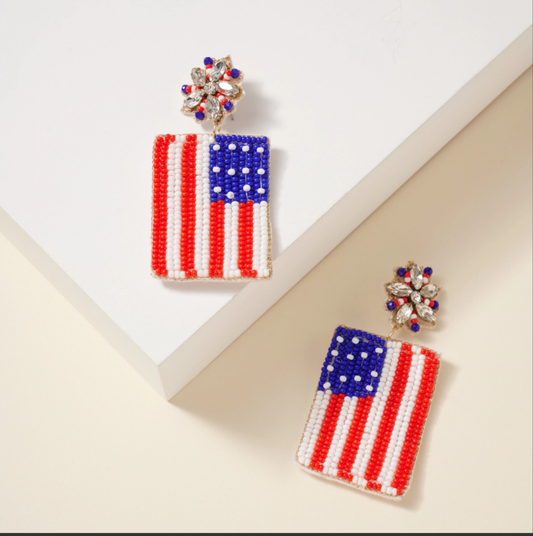 USA Flag Seed Beaded Dangling Earrings