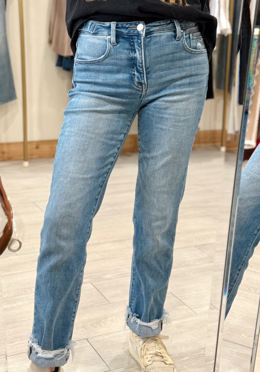 Tummy Control High Rise Crop Straight Cuffed Jeans
