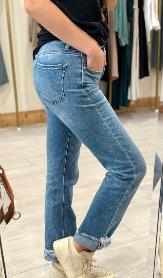 Tummy Control High Rise Crop Straight Cuffed Jeans