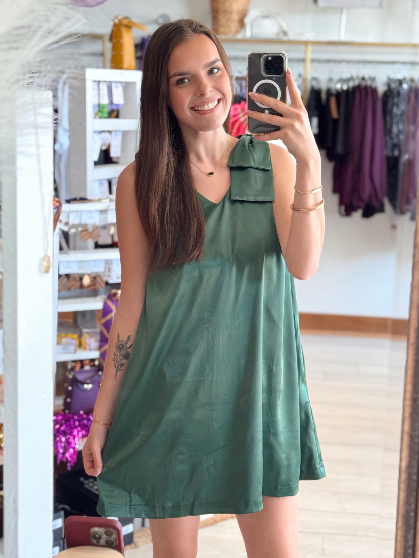 Evergreen Satin Mini Dress