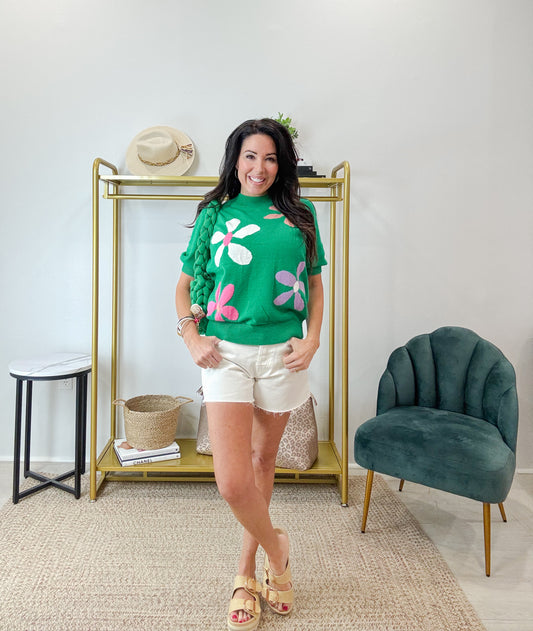 Bright Green Floral Bubble Short Sleeve Sweater