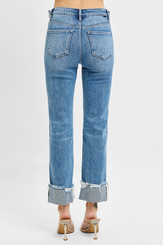Tummy Control High Rise Crop Straight Cuffed Jeans