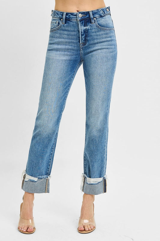 Tummy Control High Rise Crop Straight Cuffed Jeans